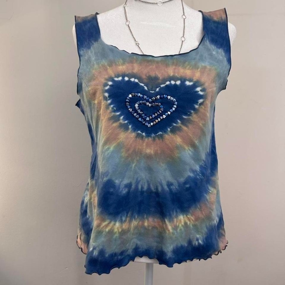 Vintage Santiki Tie Dye Beaded Heart Tank Top Blue Large